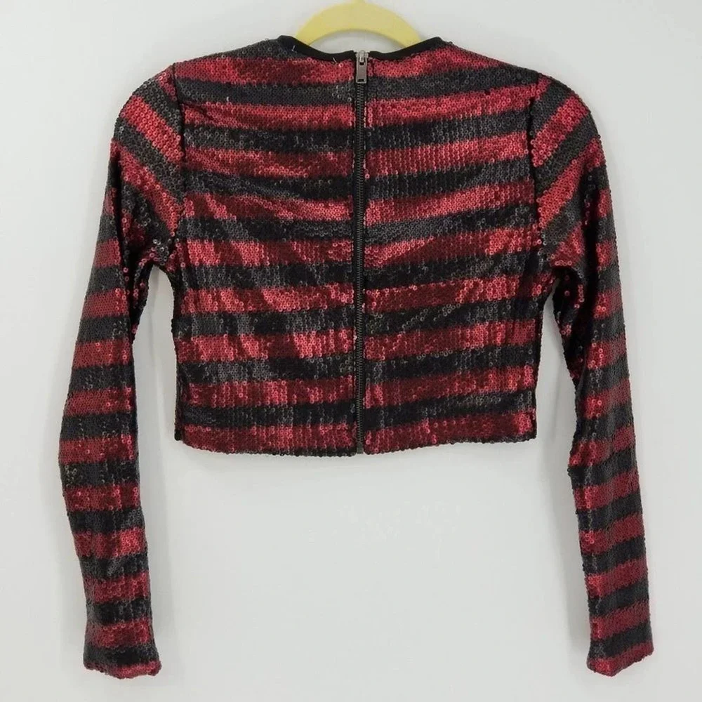 Zara Metallic Sequin Striped Long Sleeve Round Neck Cropped Top Red Black Size S
